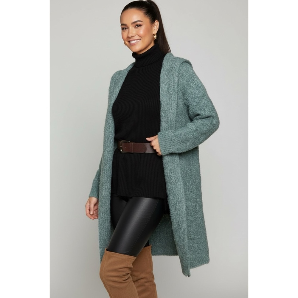 POL Sage Green Hooded Cardigan | Plush Fuzzy Long Knit Coat - Picture 7 of 8